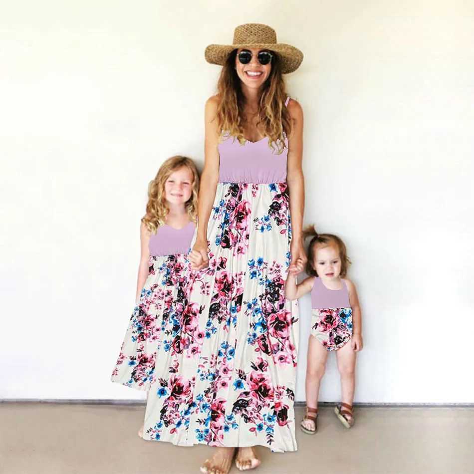 Mommy And Me Clothes Patchwork Print Sling Long Dress Baby Romper Jumpsuit 2022 Baby Girl Clothes Mom And Daughter Dress W250207