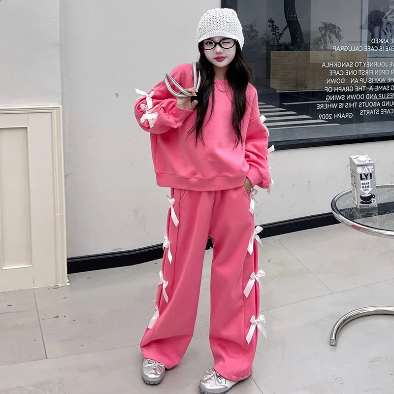 Girls Sports Set 2025 Spring Bow Sweatshirt Wide Leg Pants 2pcs Teen School Kids Clothes Pink Grey Casual Daily Children Costume 250117