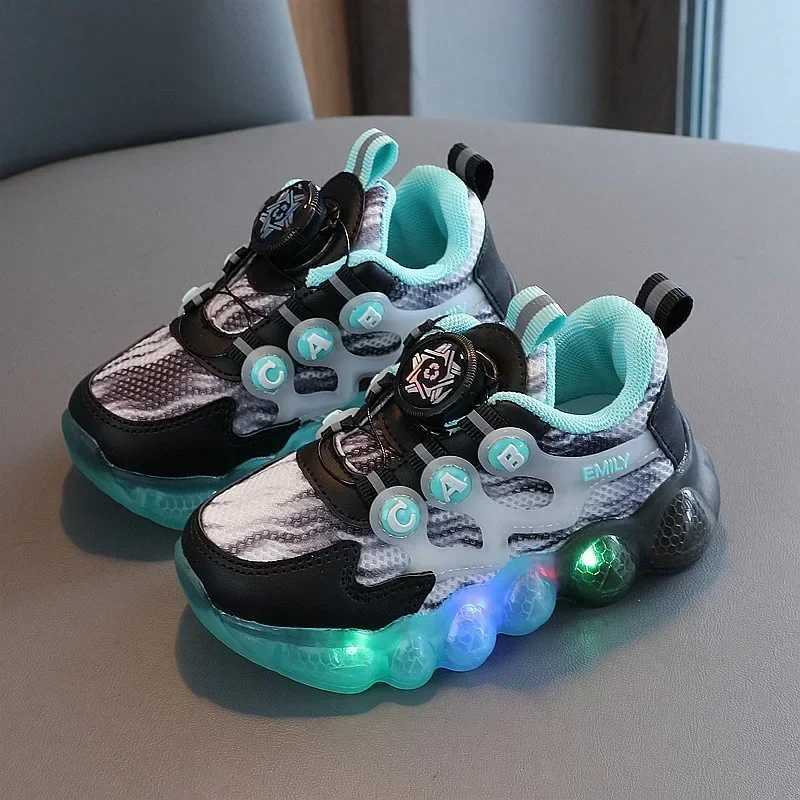Fashion Kids Shoes Breathable Light Running Illuminated Shoes Boys Girls Casual Sneakers Rotate Button Luminous Kids Sport Shoes W250207