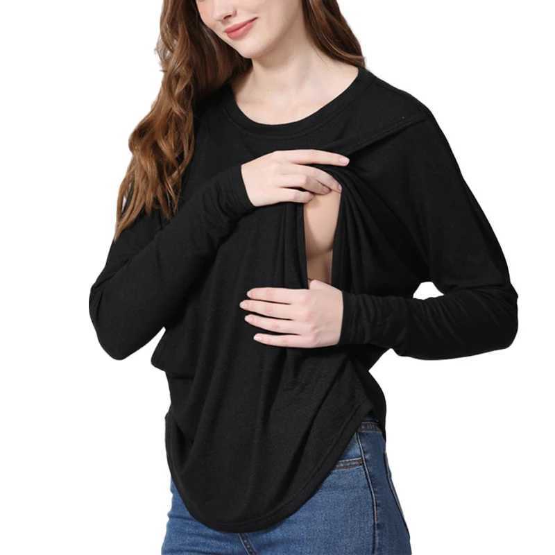 New Maternity Clothes Womens Longsleeve Crew Neck Solid Color Nursed Tops Casual T Shirt For Breastfeeding W250207