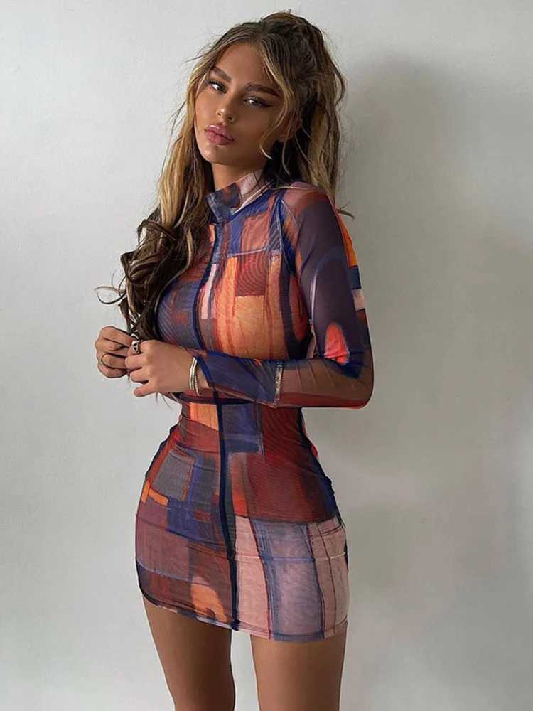 Tie Dye Print Long Sve Mini Dress High Neck Bodycon Sexy Streetwear Party Club Women 2023 Summer Clothes Slim FashionXJ2500207