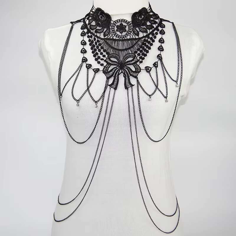 Black Lace Body Chain Jewelry Women Cosplay Halloween Costumes Female Gothic Accessories