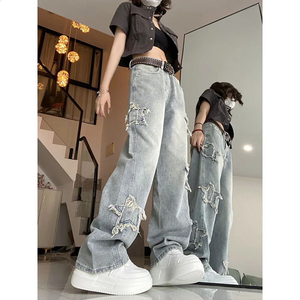 American Retro Star Pattern Blue Denim Trousers for Women Korean Ins Highwaisted Jeans Straight Leg Fashion Washed Female Pants 250206