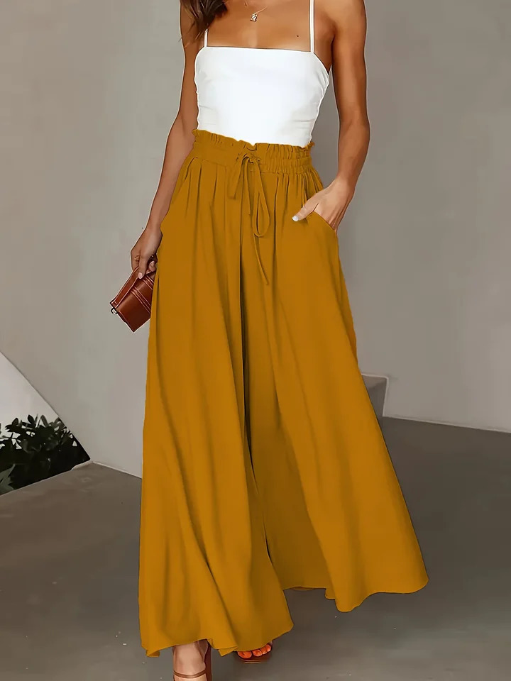 Plus Size Wide Leg Pants Comfortable Slight Stretch FabricElegant Solid Color Po cket DetailsDrawstring Elastic Wai 250207