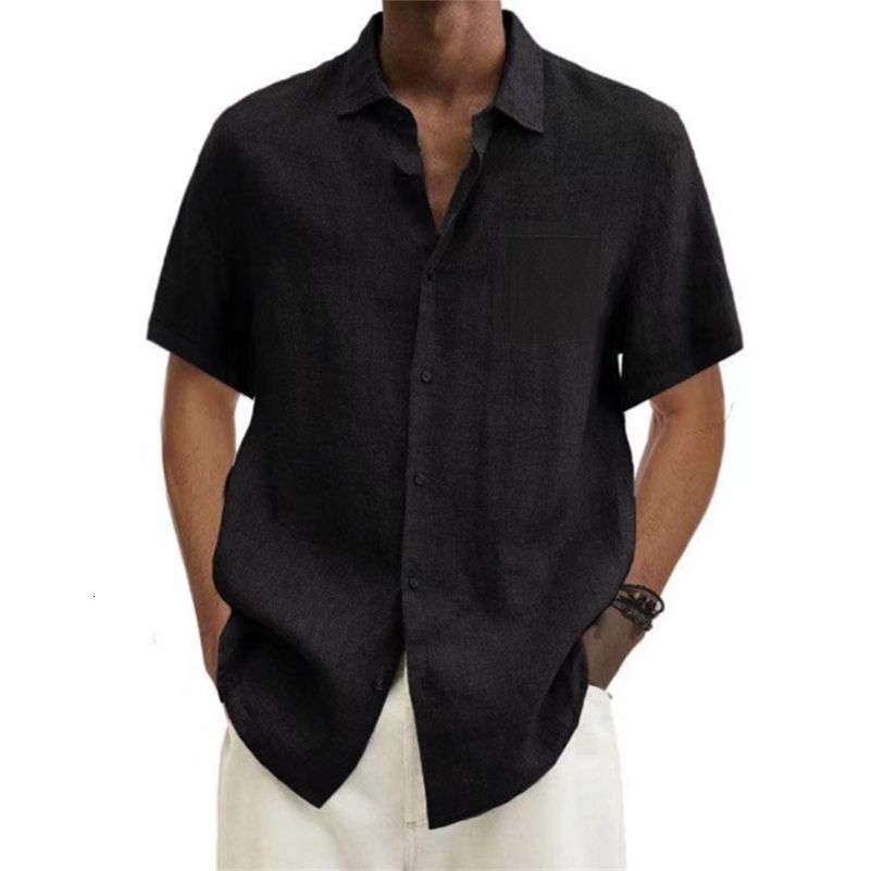 men Cotton Linen Mens Short-Sleeved Shirts Summer Solid Color Turn-down collar Casual Beach Style Plus Size tops 250206