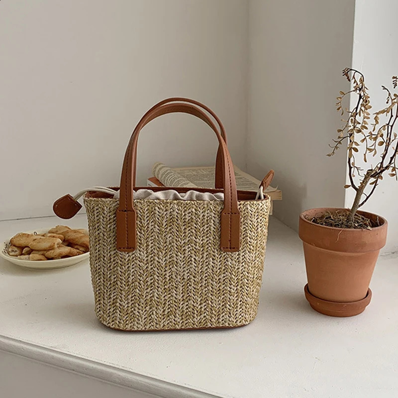 Womens Leisure Grass Woven Handbag Drawstring Bucket Shoulder Crossbody Bag FemaleTravel Bohemian Vacation Beach Bag 250207