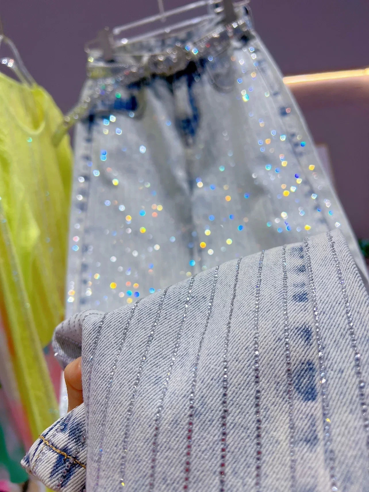 2025 Full Body Vertical Diamond Blue Jeans Women Heavy Industry Shiny Retro Straight Baggy Pants Autumn Long Trousers 250122