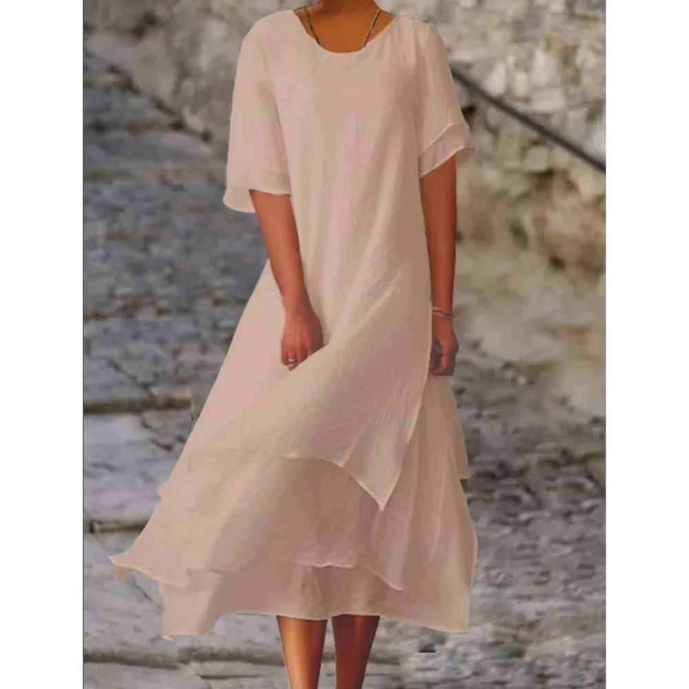 2025 Fashion And Leisure Double Layered Split Short Sve Round Neck Dress For Women Loose Solid Color Irregular Long DressXJ2500207