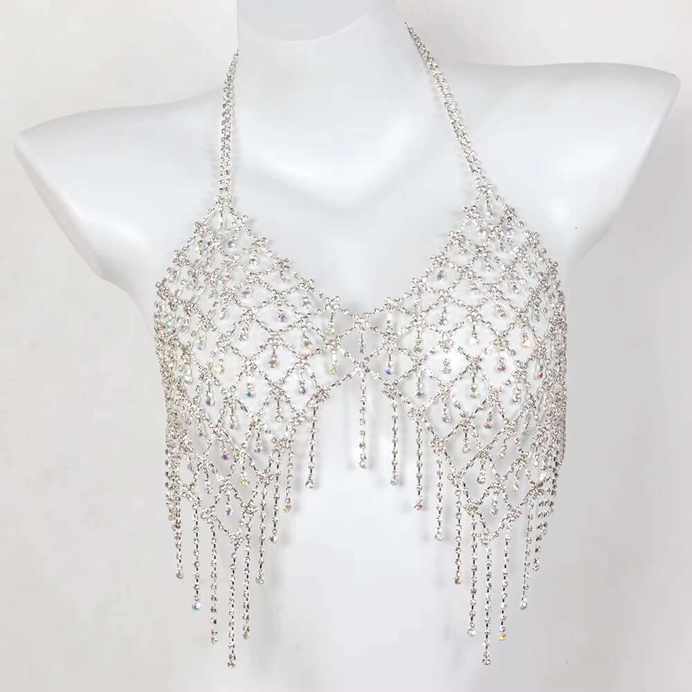 Sexy Mesh Tassel Bikini Style Rhies Bra And Underwear Two Piece Set Nightclub Body Chain