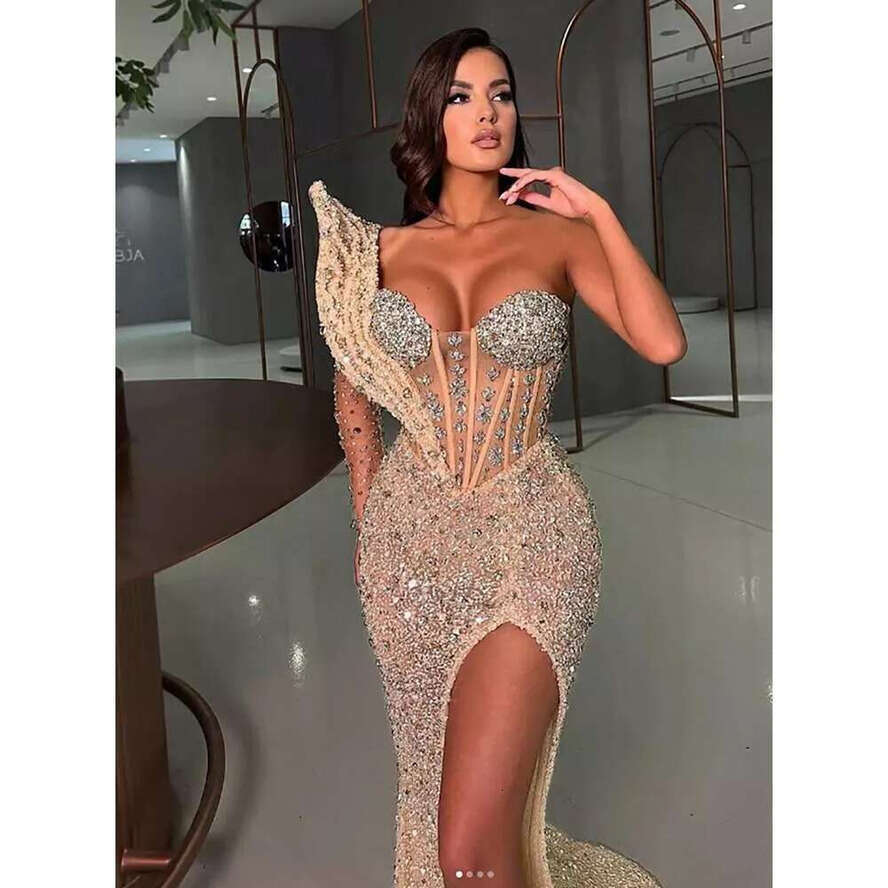 Elegant One Shoulder Evening Dress New Fashion Slit Ladies Formal Banquet Party Prom Gowns Vestidos De Noche