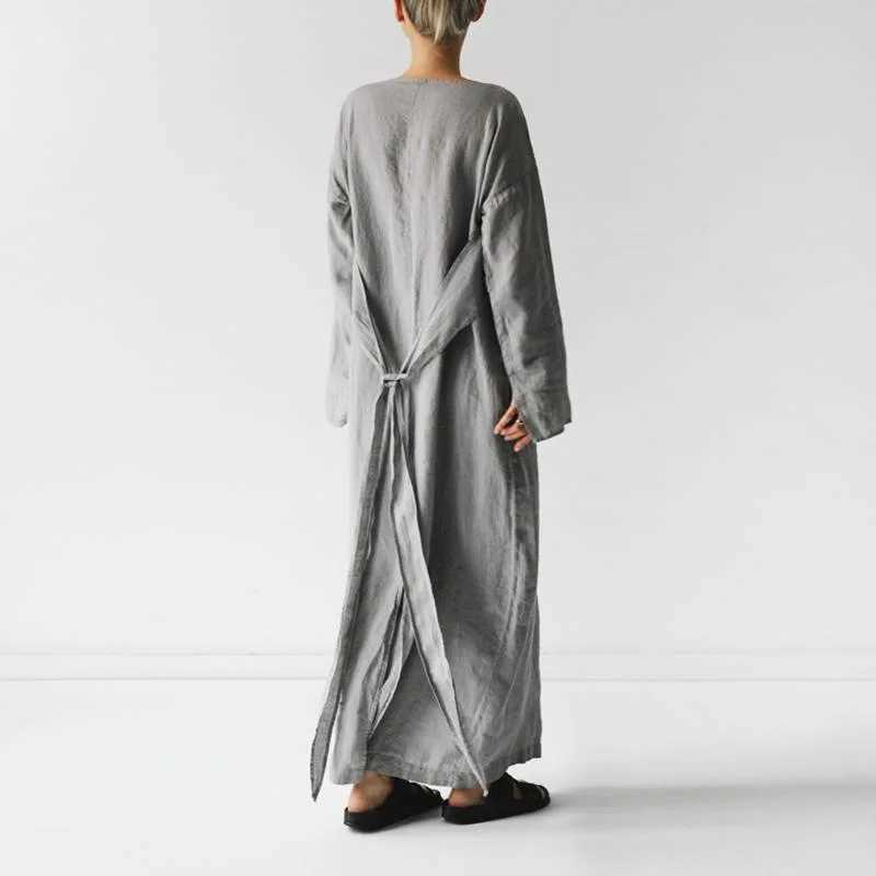 Fall Long Sve Loose Cotton Linen Dress Women 2024 Fashion Casual Solid New Lace-up Bow Maxi Dresses Ele VestidosXJ2500207