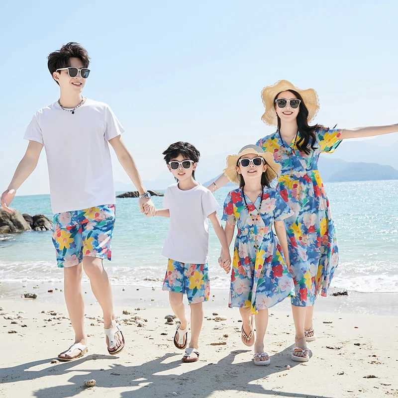 Summer Beach Family Matching Outfits Mom Daughter Floral Dresses Dad Son Shirts/T-shirt+Shorts Couple Clothes Holiday Seaside W250207