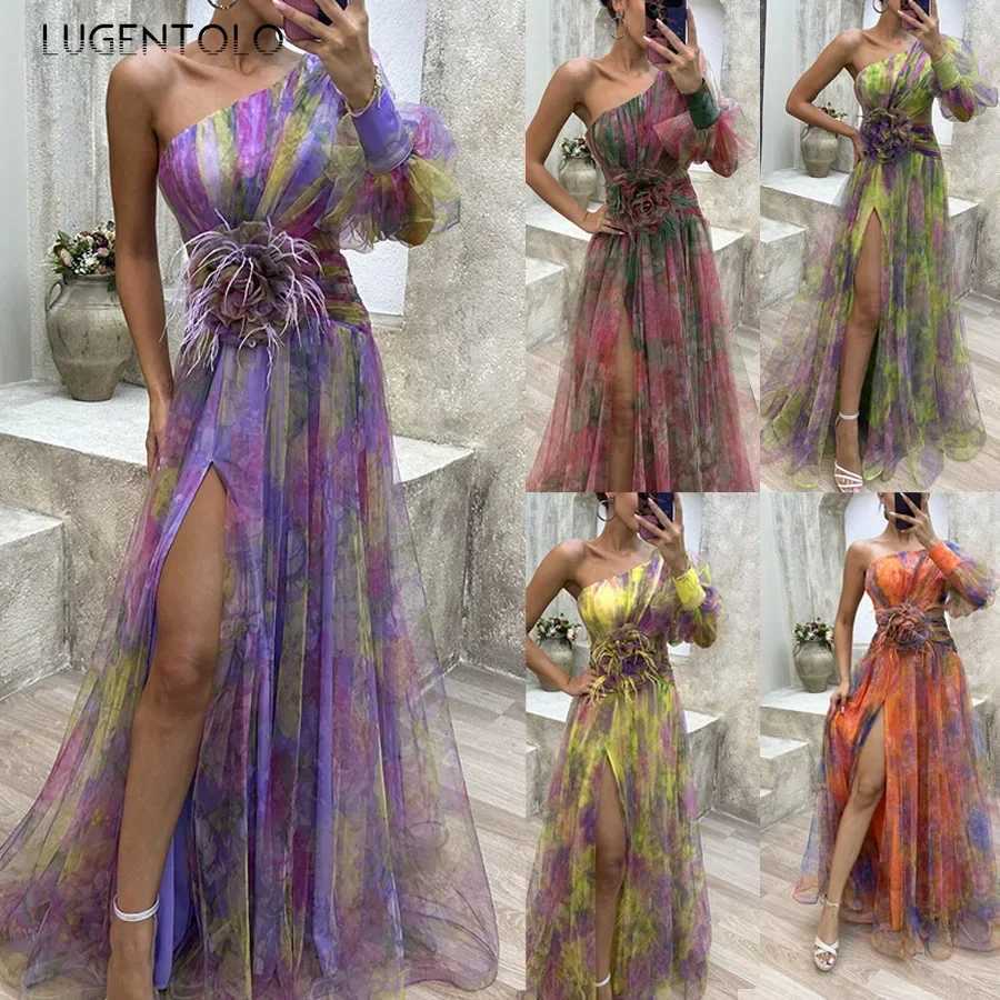 Womens Sexy Party Dress Mesh Cut-outs Waist Split End Slanted Shoulders Big Swing Fashion Slveless Slim Floral Print On Cloth X250207