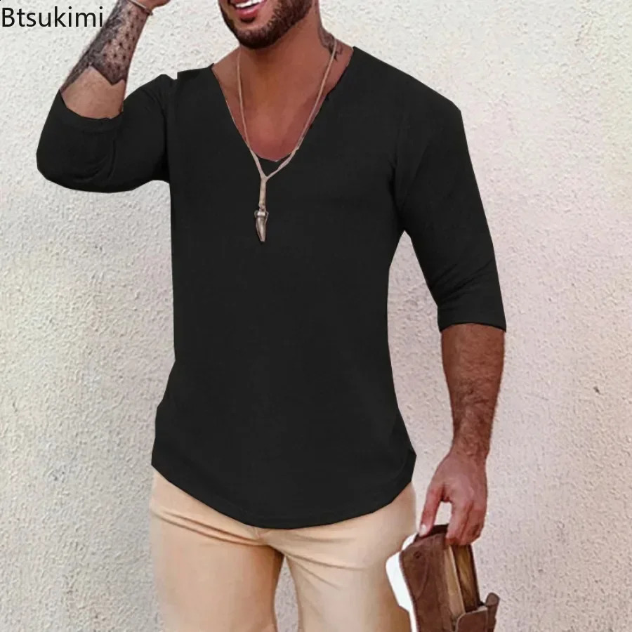 2025 Mens Casual Long Sleeve Kniited Sweaters Thin Style Mens Spring Autumn Clothing Solid V Neck Knitting Pullover Knit Tops 250206