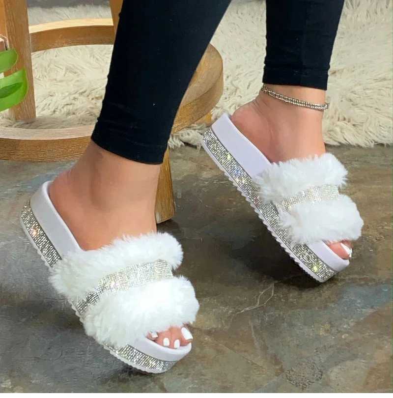 Fur Slippers Women 2024 Fi Summer Fur Slides For Woman Rhine Sandals Fluffy Female Shoes Glitter Indoor Diamd ShoesXJ250207
