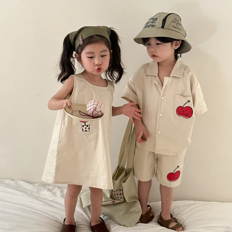 Brother and Sister Clothes Summer Cartoon Printed Boys Short Sleeve Shirt Shorts 2pcs Set Girls Vest Dress 250207