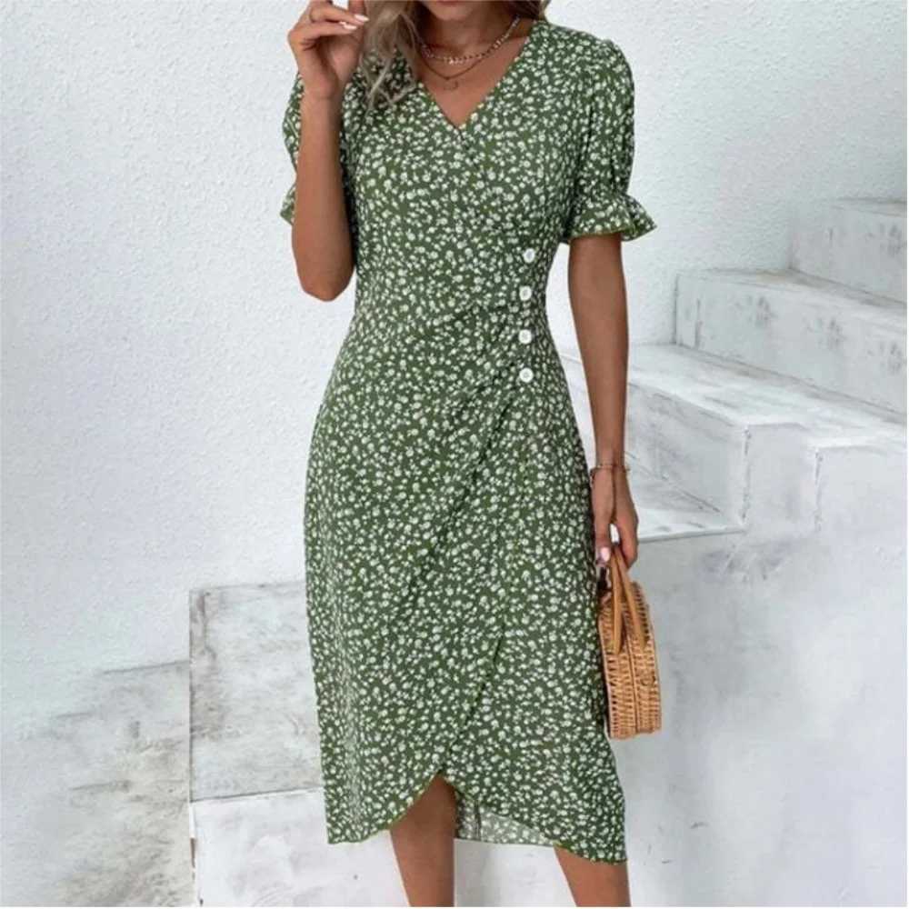 Ele Ladies Midi Dress Geometric Button Split Dress Vestidos Medievales Para jer De Verano Elbiseler Jurken DamesXJ2500207