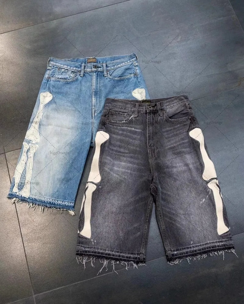 European and American Trendy Classic Denim Shorts Gothic Punk Dark Skull Embroidered Straight Men Personality Casual 250207
