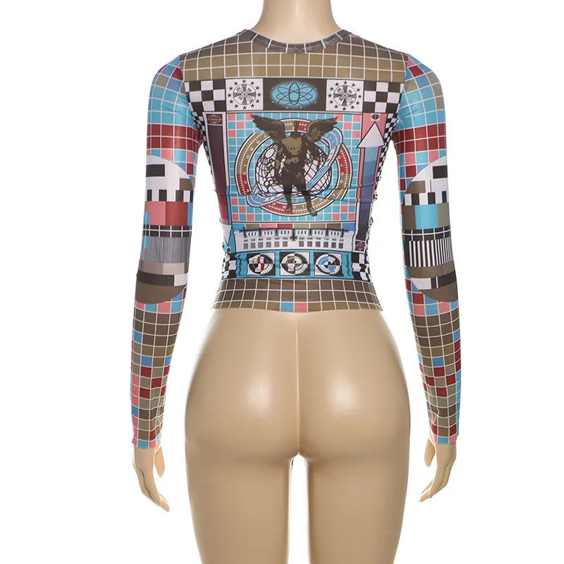 Sifreyr Fashionable Personalized Street Patchwork Color Top Round Neck Long Sleeve Tight Fitting Sexy Open Umbilical T-shirts 250206