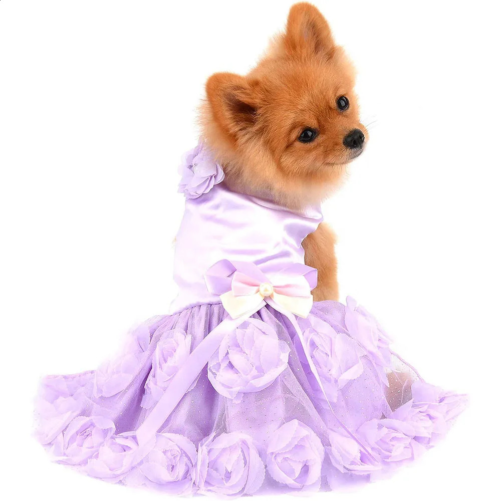 Pet Small Dog Wedding Dress with Bowknot Birthday Party Costume Satin Rose Pearls Girl Formal Dress for Puppy Dog Cat Tutu Dress 250206