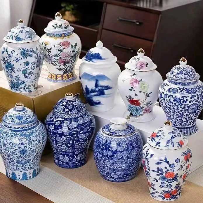 Storage Bottles Jars 1300ml Ceramic Ginger Jar Chinese Porcelain Tea Canisters Large Capacity Celadon Vase Storage Jars Home Decoration CL250207