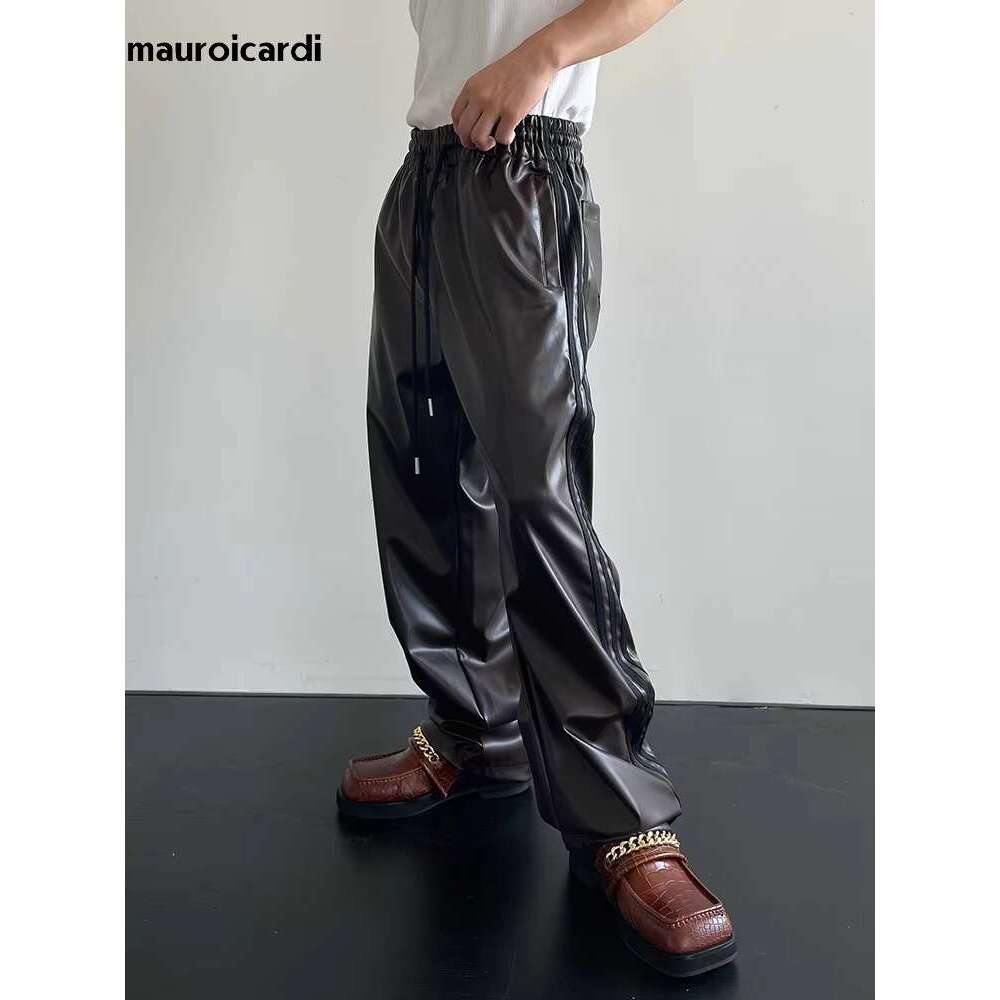 Leather Pants Mauroicardi Spring Autumn Cool Black Soft Stretchy Waterproof Pu Leather Pants For Men With Elastic Waist Loose Casual Clothes