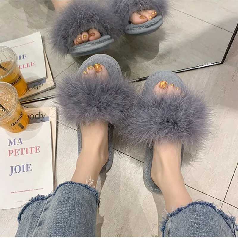 Leisure Plush Slipper for Woman Womens Autumn Winter Ostrich Feather Slippers Footwear Lightweight Flats N-slip Home SlippersXJ250207