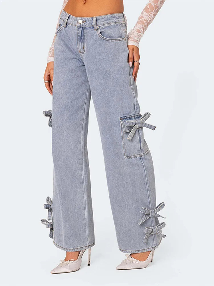Chic Bow Light Blue Wide Leg Long Jean Pants Women Casual Versatile Jeans With Side Pockets Sweet Lady Denim Trousers 250206