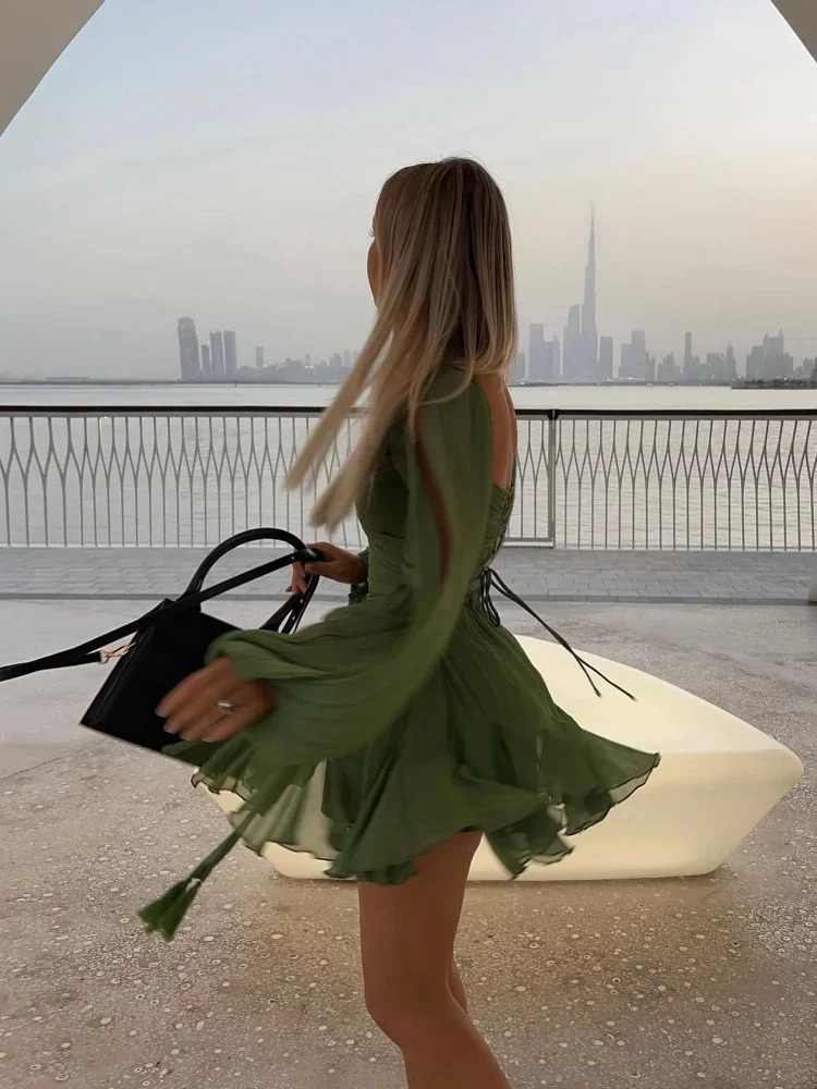 Womens Fashion Chiffon Pleated Lace Up High Waist Mini Dress Chic Green Hollow Out Full Sleeve Aline Dresses Lady Beach Robes 250206