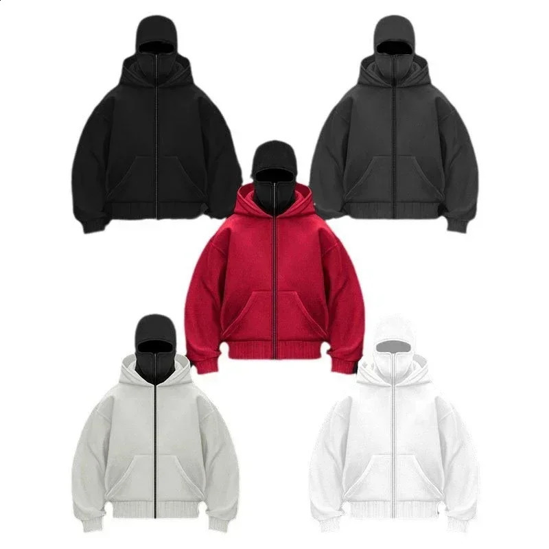 Balaclava Men Zip Hoodie Winter Warm Casual Sweatshirt Y2K with Hooded Face Mask Zipper Sports Jacket Outdoor Activities 250206
