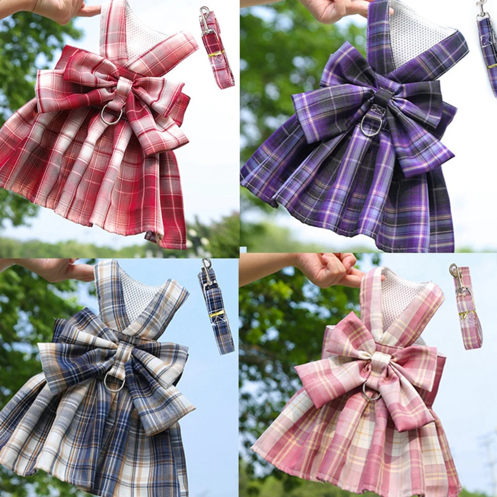 JK Dog Dress Harnesses with Leash Set Plaid Puppy Girl Skirt Doggy Dresses with Leash Ring Doggie Clothes for Small Medium Dogs 250206