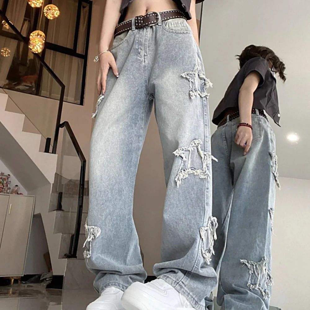 American Retro Star Pattern Blue Denim Trousers for Women Korean Ins Highwaisted Jeans Straight Leg Fashion Washed Female Pants 250206
