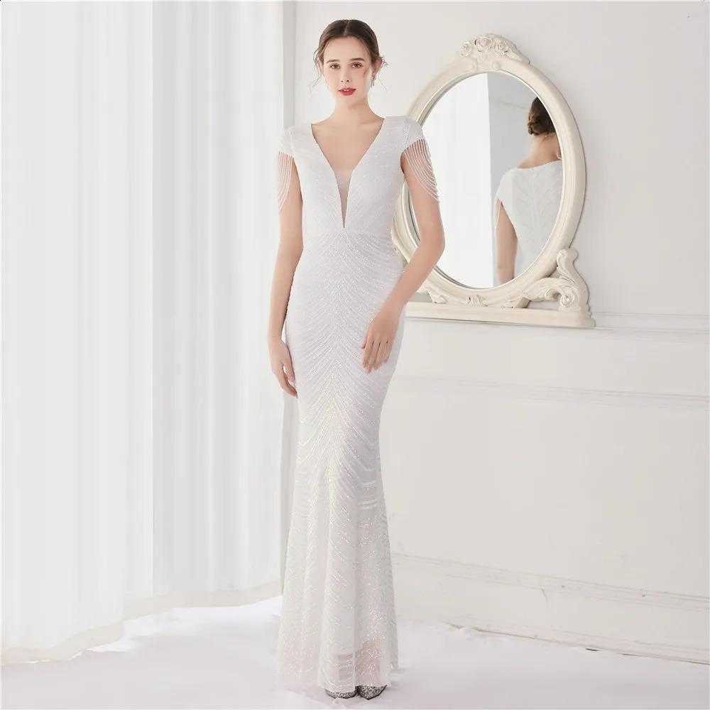 DEERVEADO Elegant V Neck Mermaid Evening Dress Long Beads Women Evening Party Dresses Formal Dress 19085 250114