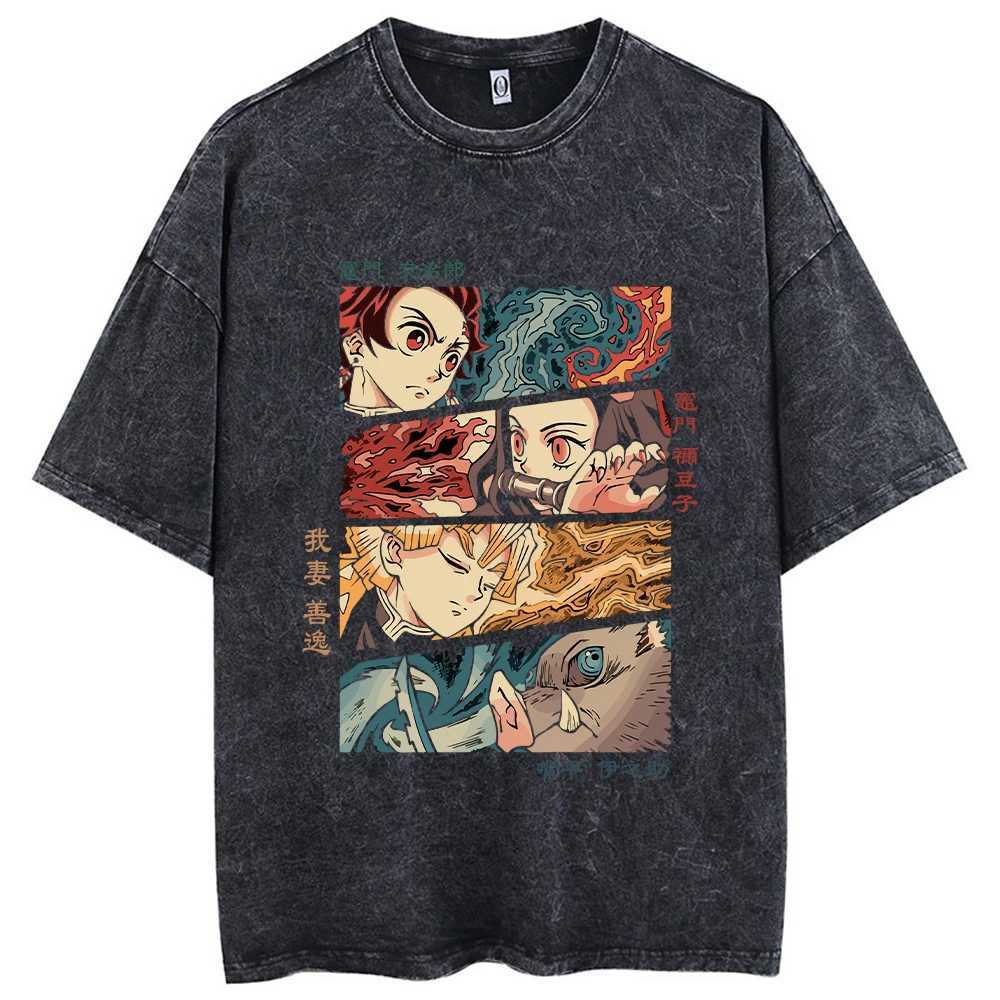 Anime Printed Acid Washed T Shirt 100% Cotton Short Sleeves Streetwear Tops Vintage Manga Fashion Oversized Tees UnisexT250207