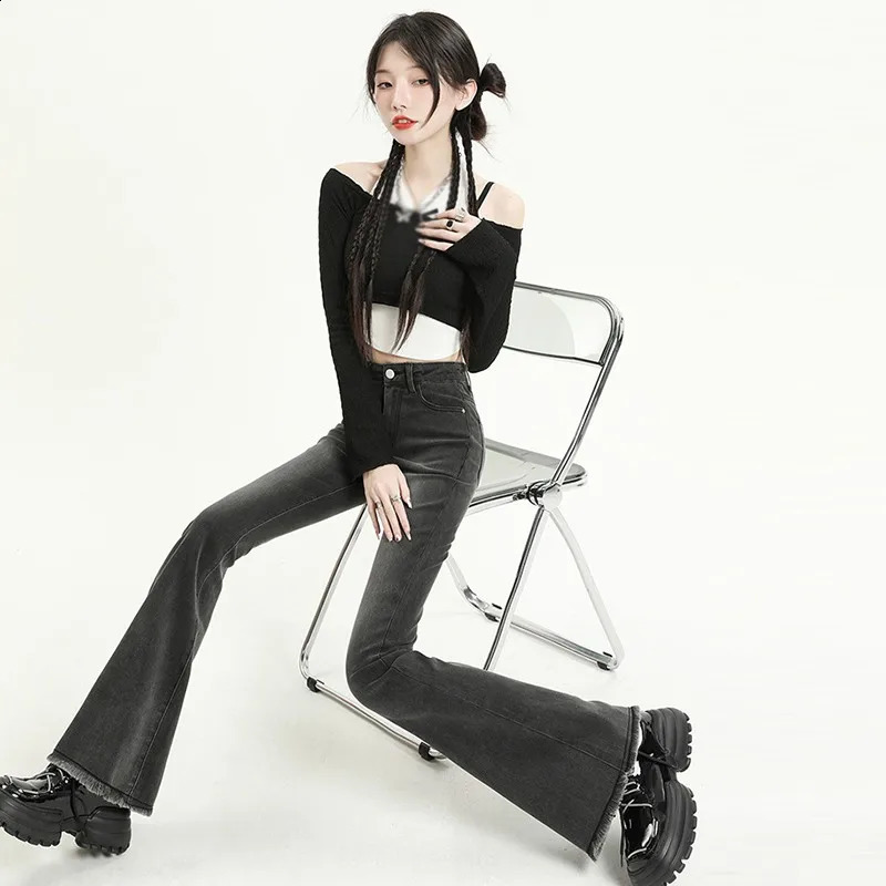Korean Version High Waisted Fringed n Denim Pants Fashionable Temperament Versatile Flared Trouser Legs Jeans for Female 250206
