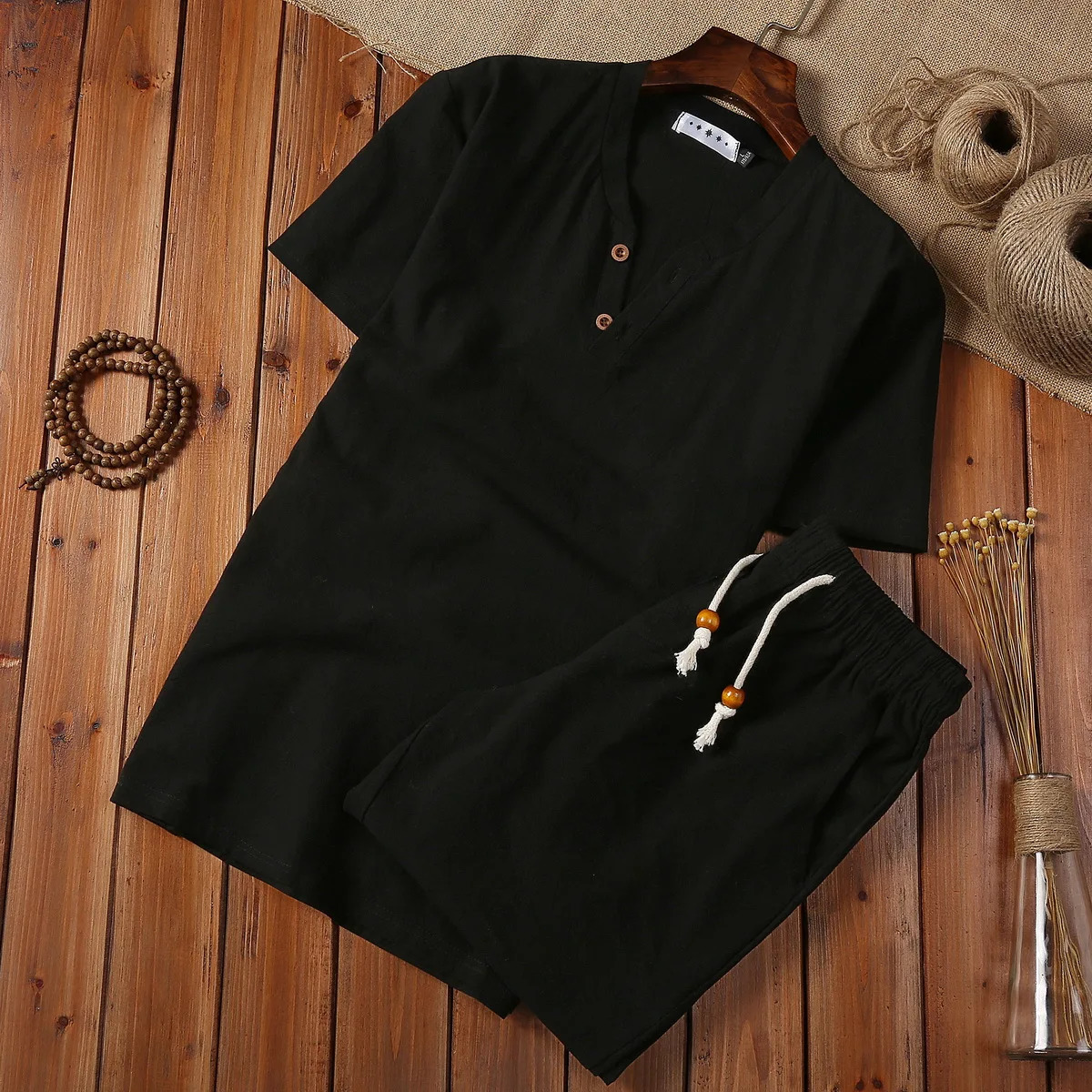 5XL summer loose retro casual cotton linen mens clothing Chinese style long sleeved Tshirt twopiece set 250207