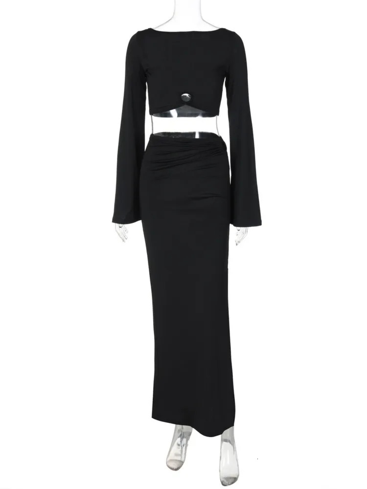 Mozision Hollow Out Sexy Two Piece Sets Women Backless Long Sleeve T-shirt And Maxi Skirt Matching Sets Sexy Split Skirt Set 250206