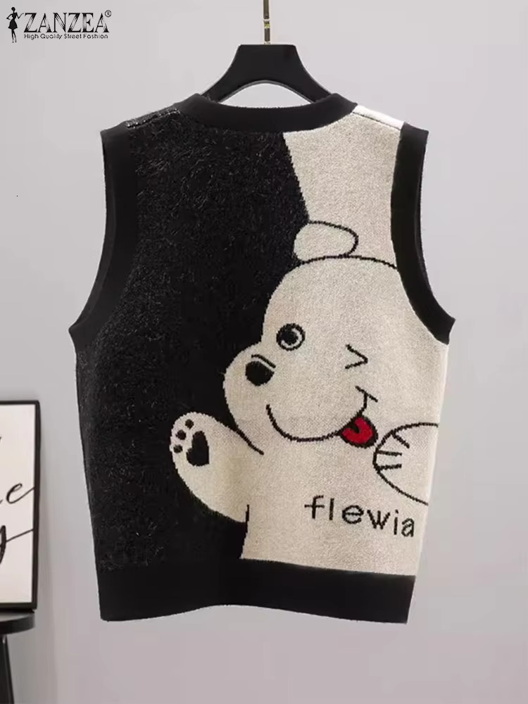 ZANZEA Spring Autumn Simple Tunics Vintage Cartoon Printed Vests Holiday V-Neck Knitted Outfits Women Sleeveless Cute Tank Tops