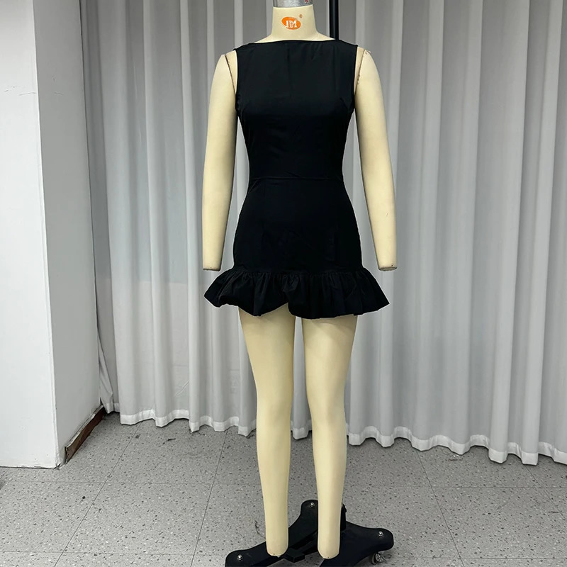Wefads mini dress elegant and sexy solid sleeveless round neck button waist backless evening party bubble black short skirt 250206