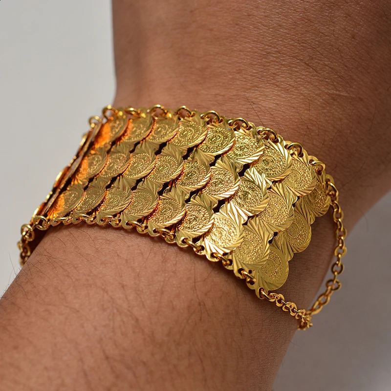 Gold Color Coins Bangles Bracelets For Women Men Money Coin Bracelet Islamic Muslim Arab Middle Eastern Jewelry African Gifts 250206