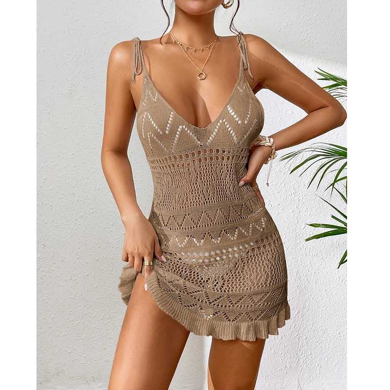 Halter Sveless Solid Color Dress Women Summer Vacation Knitted Bikini Cover Up Backless Stylish Beach DressesXJ2500207