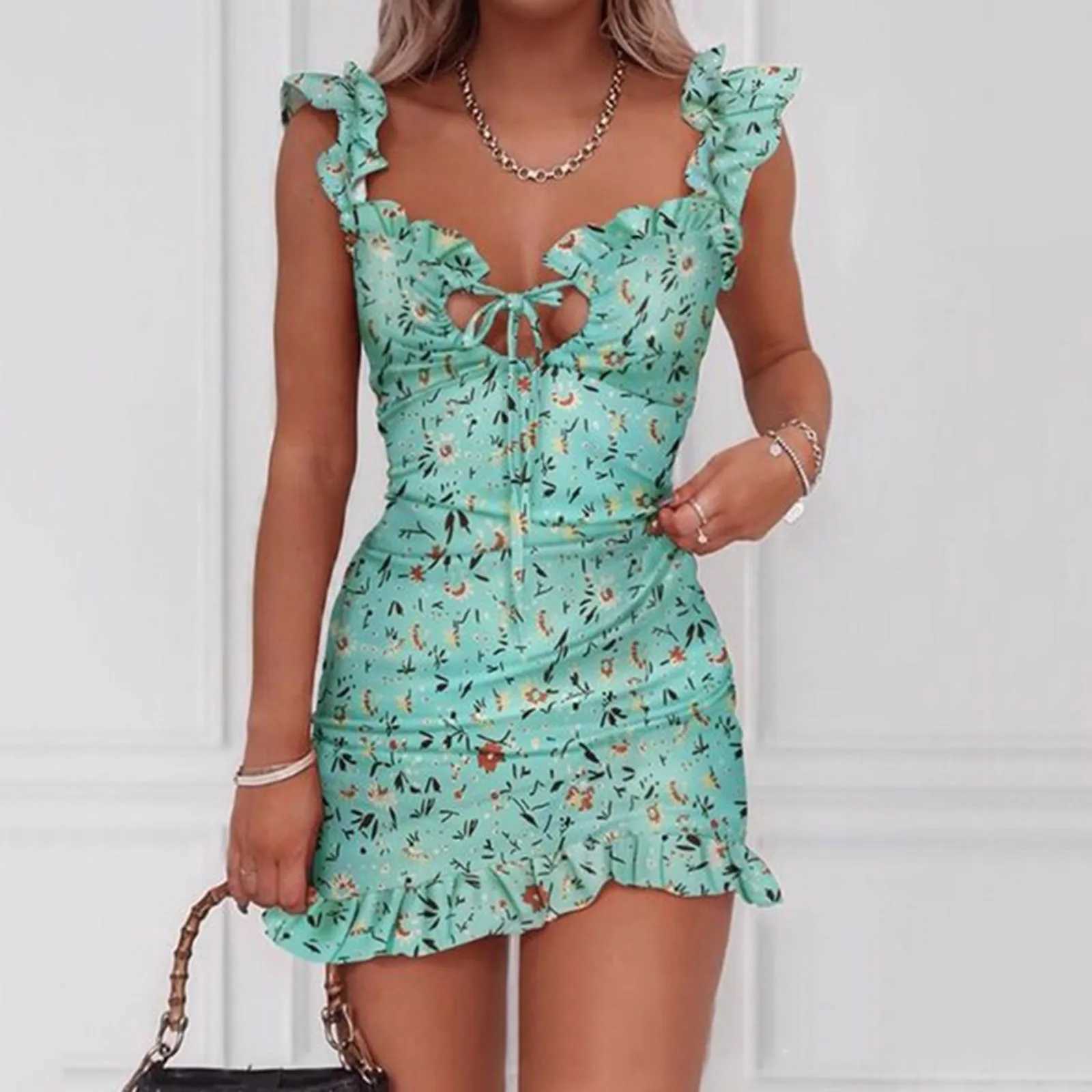 Sexy Floral Holiday Dress Fashion Lace Up Wrap Slim Beach Ruffles Sundress Summer Boho Backless Sveless Women Mini DressesXJ2500207