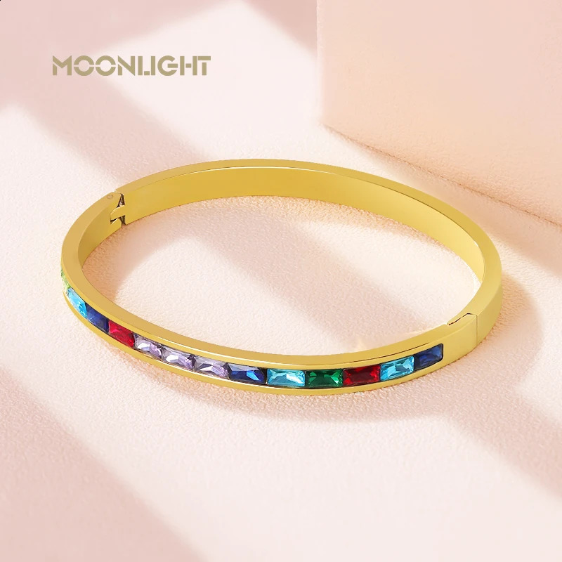 MOONLIGHT Fashion Colored Square Rhinestones Bangles Steel Bracelet for Woman Female Jewelry Gift Women Accessories 250207