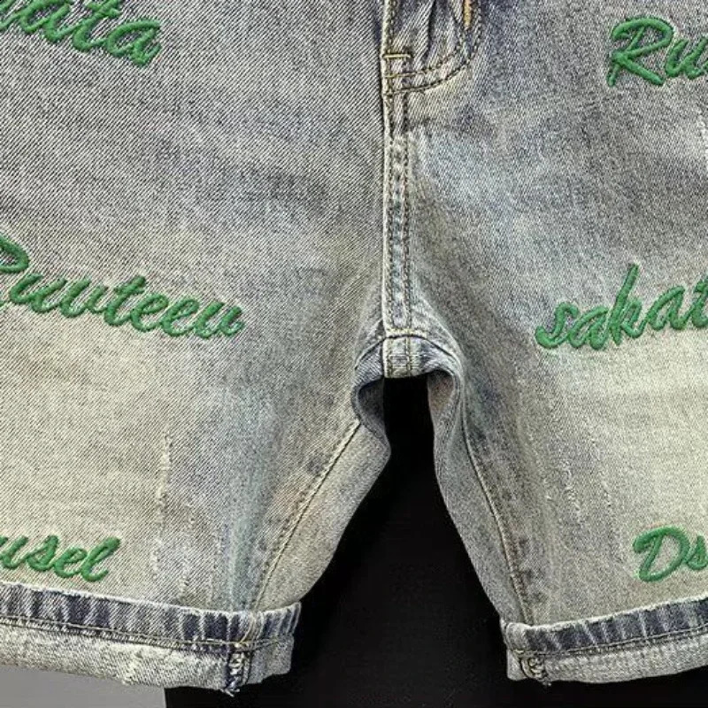 Male Denim Shorts Oversize Big Size Retro With Text Mens Short Jeans Pants Cut Cow Korean Fashion Jorts Sale Vintage 250206