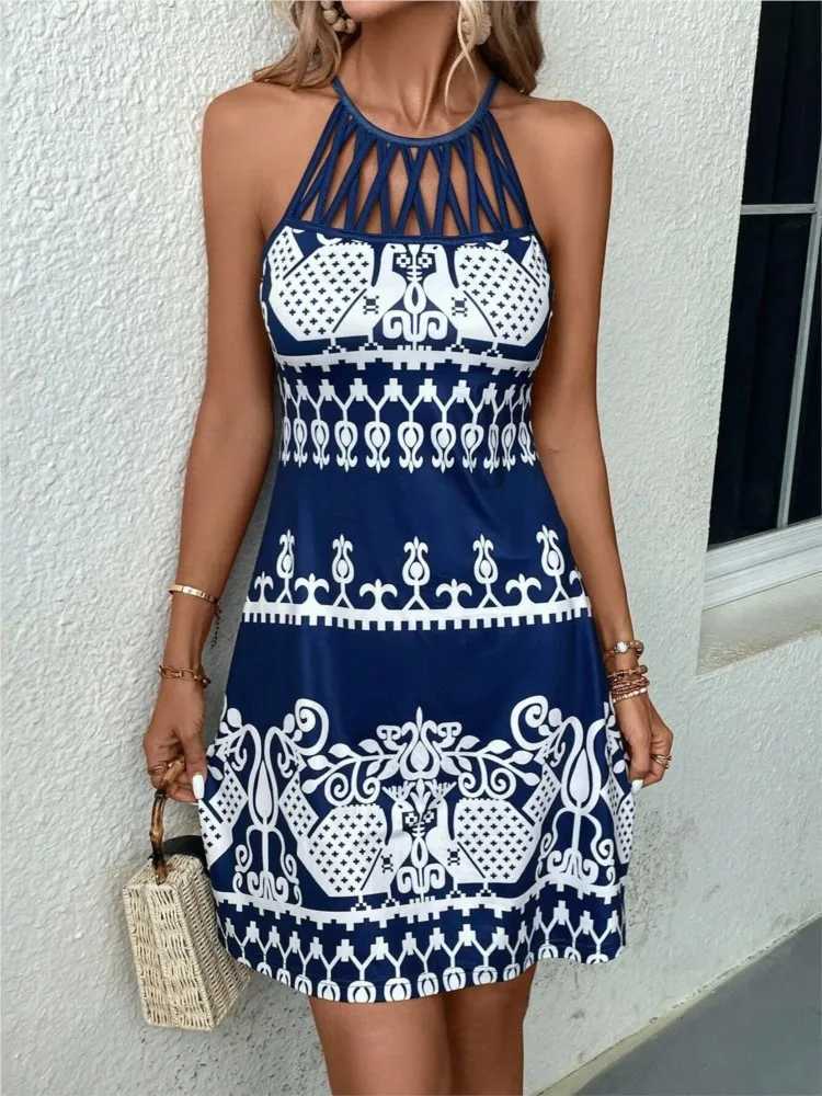 Sexy Dress For Women Hollow Off Sveless Printed Dress Retro Ele Vacation Beach Sundress Slim Fitting Women Midi VestidosXJ2500207