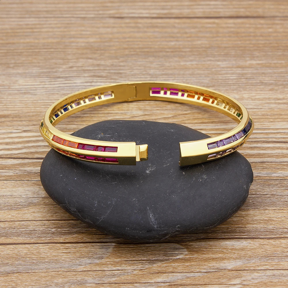 AIBEF Fashion Charm Rainbow Rhinestone Bangles Copper Zirconia Cuff Bracelets High Quality Jewelry Gift For Women Girls 250207
