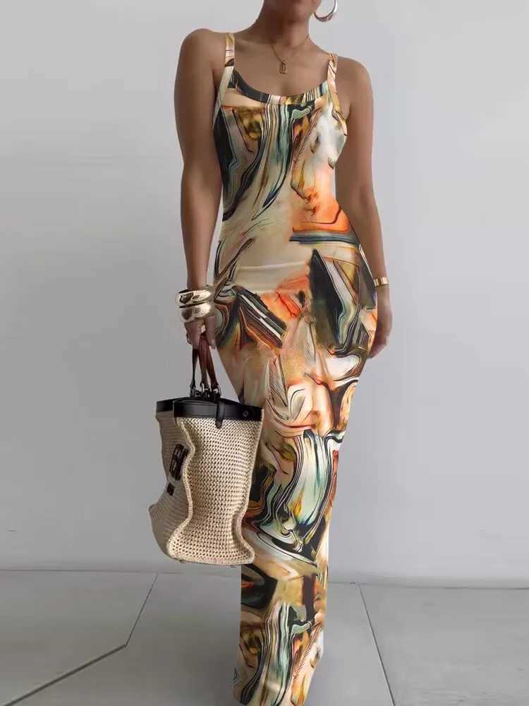Summer Slim O-Neck Suspender Long Dress Womens Fashion Sexy Floral Printing Party Bodycon Dresses Fe Y2KXJ2500207