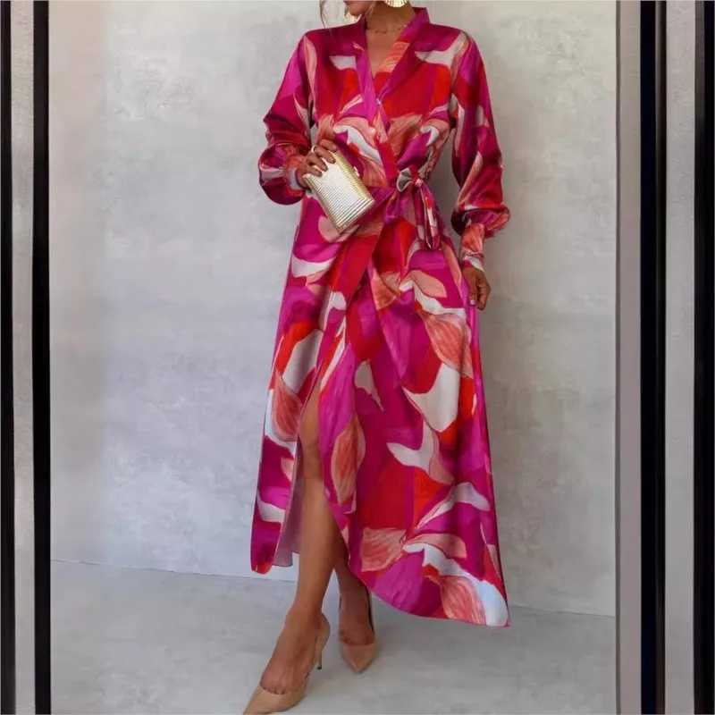 Pink Printed Womens Long Sved Dress Autumn New V-neck Cross Tie Lantern Sve Irregular Womens Long Dress 2024 VestidoXJ2500207