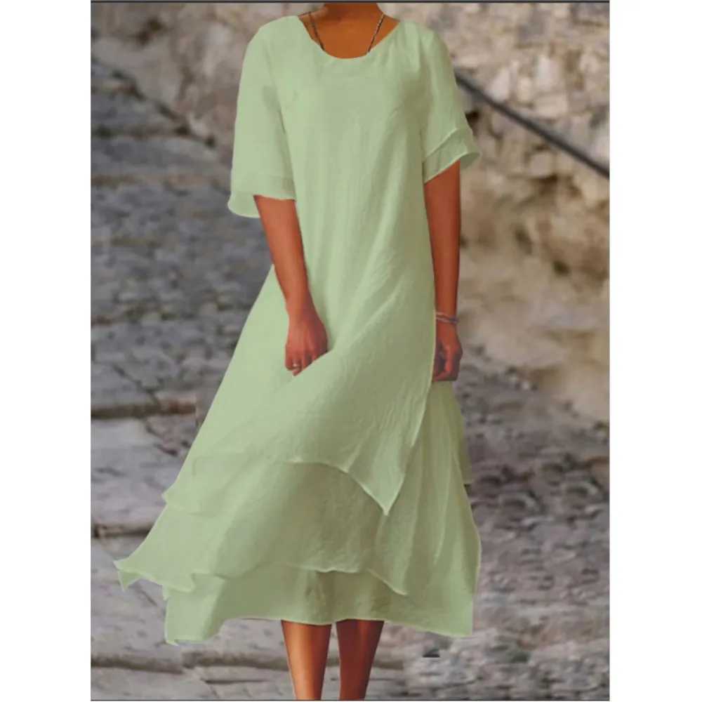 2025 Fashion And Leisure Double Layered Split Short Sve Round Neck Dress For Women Loose Solid Color Irregular Long DressXJ2500207