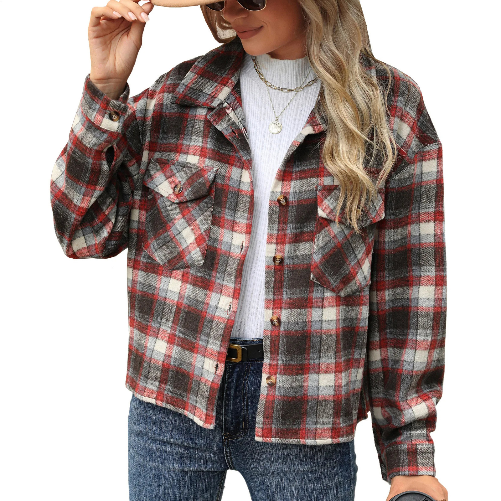 Style Lapel Plaid Button Loose Long Sleeve Woolen Jacket 250109Z